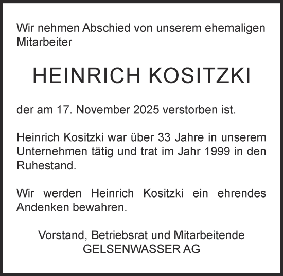Traueranzeige von Heinrich Kositzki von Tageszeitung