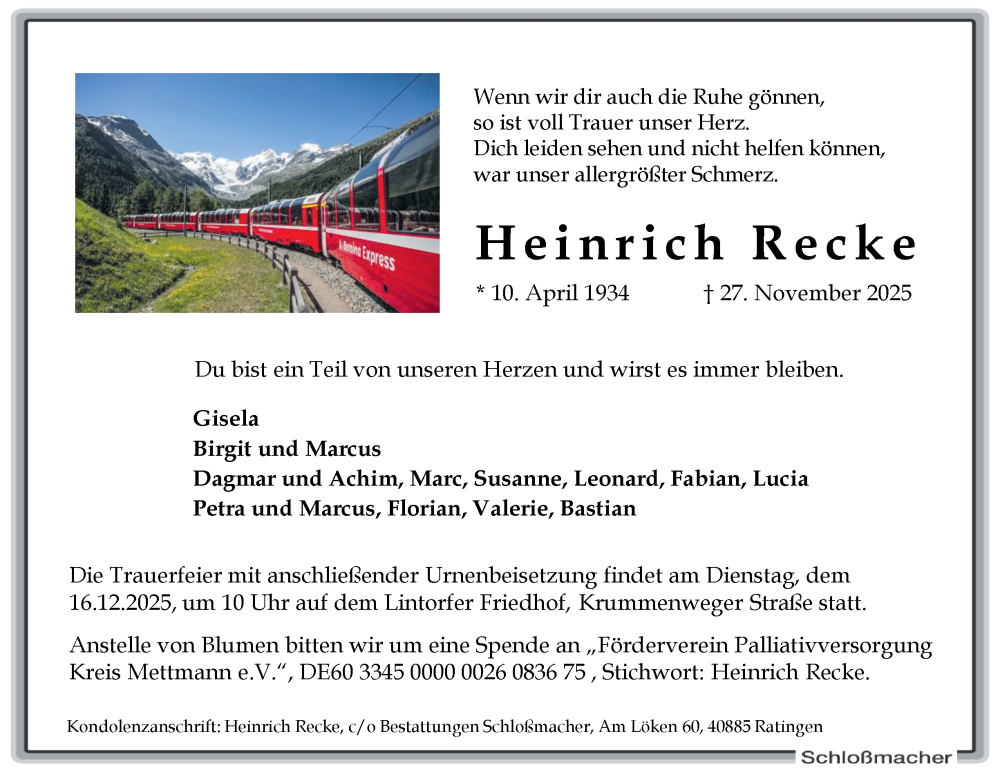 Traueranzeige für Heinrich Recke vom 06.12.2025 aus Tageszeitung