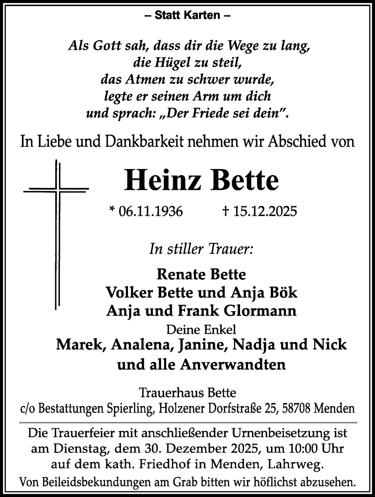  Traueranzeige für Heinz Bette vom 20.12.2025 aus Tageszeitung