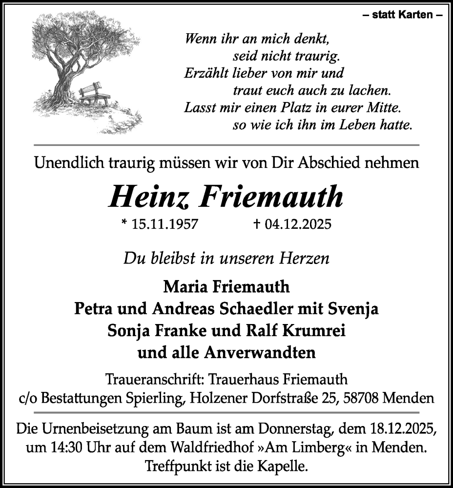  Traueranzeige für Heinz Friemauth vom 13.12.2025 aus Tageszeitung