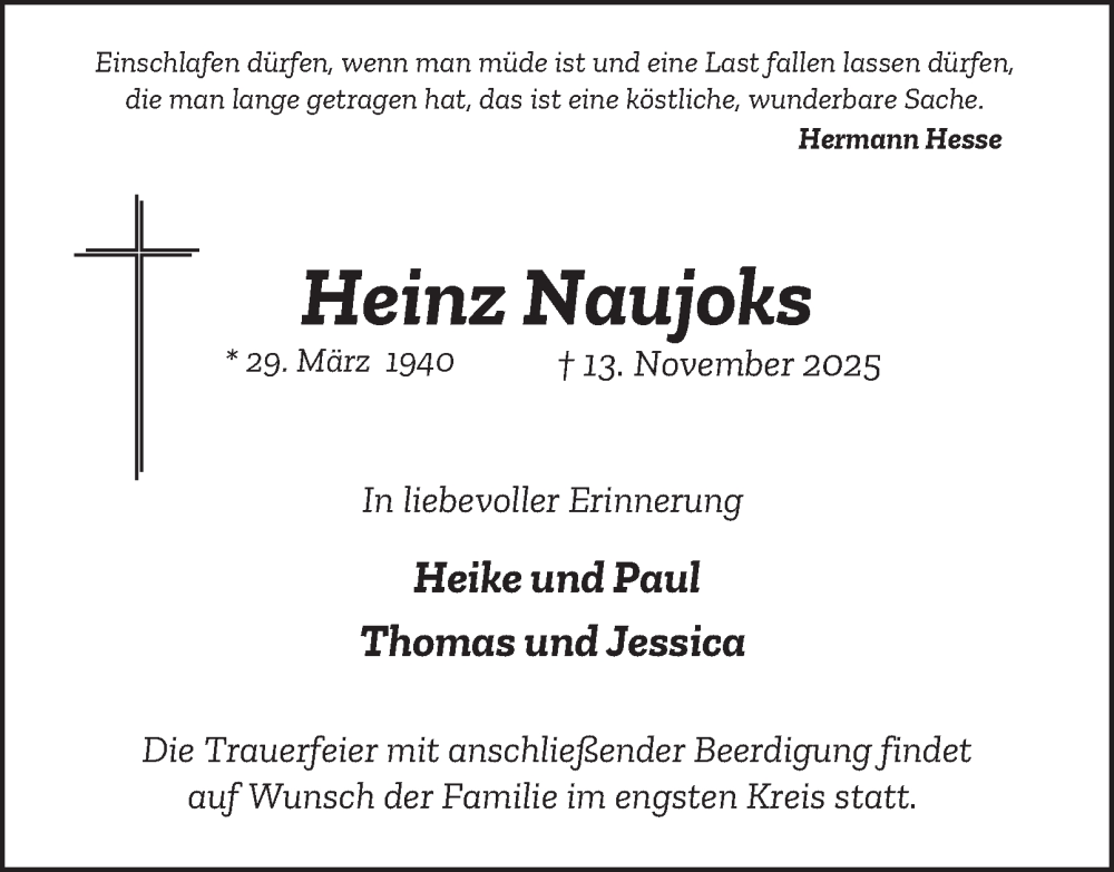  Traueranzeige für Heinz Naujoks vom 01.12.2025 aus Tageszeitung