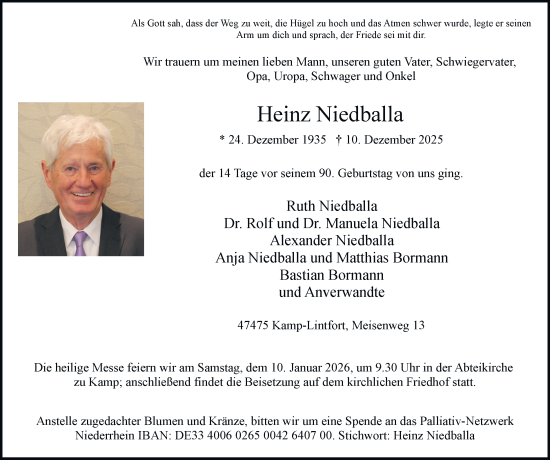 Traueranzeige von Heinz Niedballa von Tageszeitung