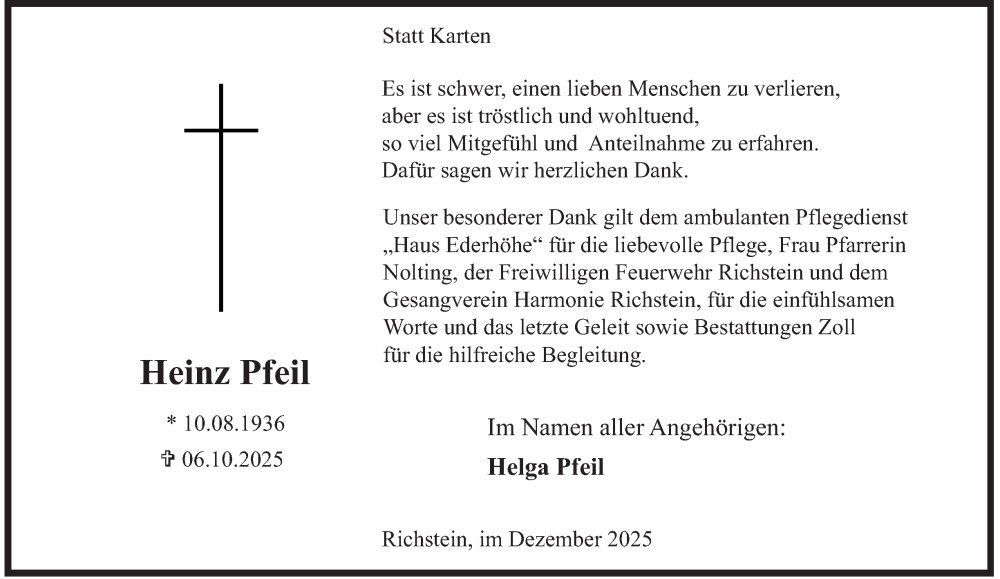  Traueranzeige für Heinz Pfeil vom 13.12.2025 aus Tageszeitung