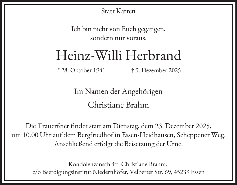  Traueranzeige für Heinz-Willi Herbrand vom 20.12.2025 aus Tageszeitung