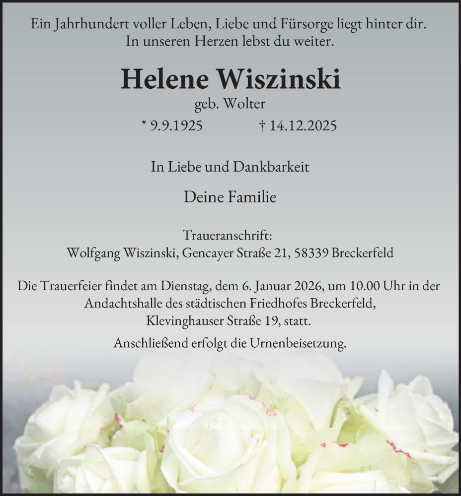  Traueranzeige für Helene Wiszinski vom 20.12.2025 aus Tageszeitung