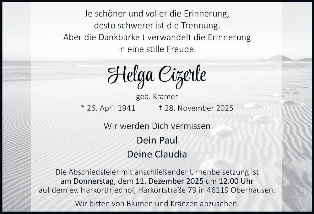  Traueranzeige für Helga Cizerle vom 06.12.2025 aus Tageszeitung