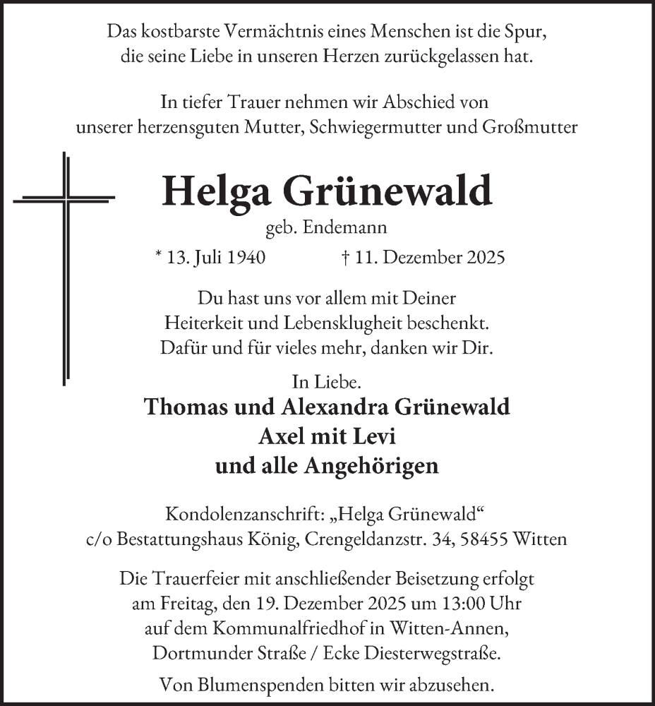  Traueranzeige für Helga Grünewald vom 18.12.2025 aus Tageszeitung