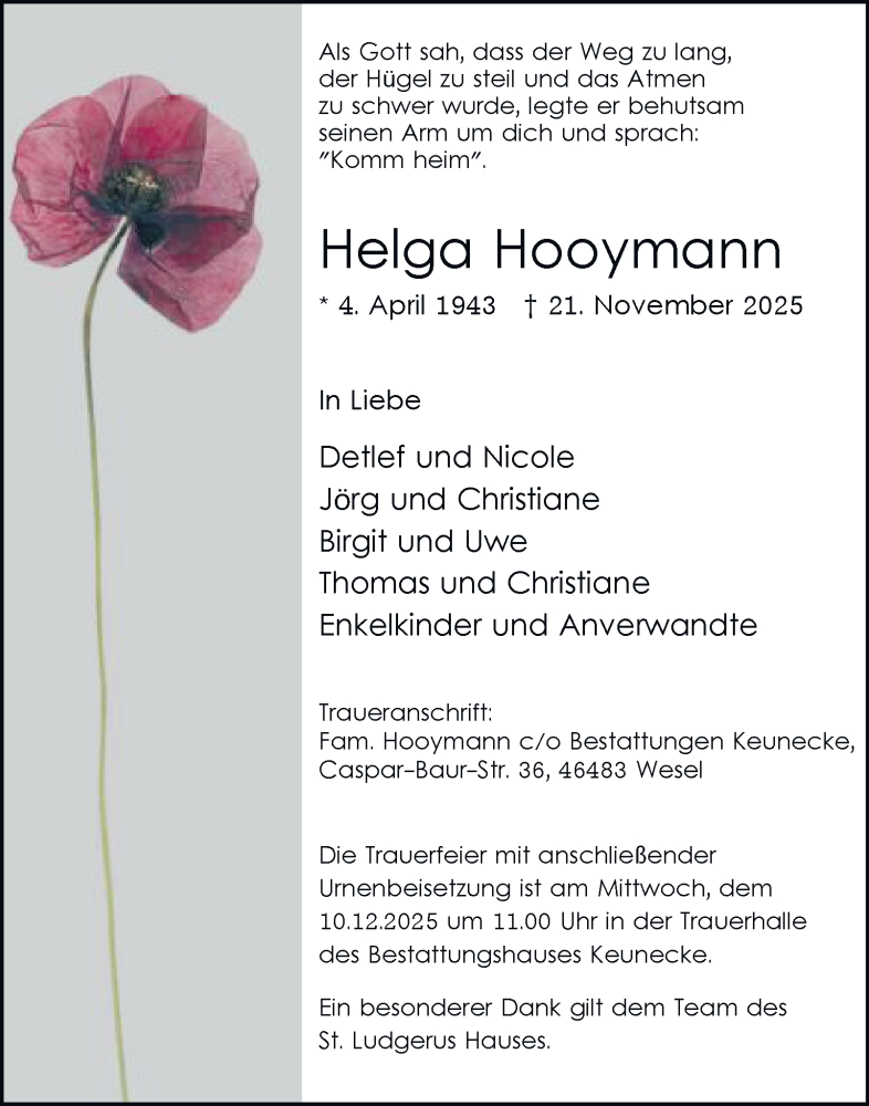  Traueranzeige für Helga Hooymann vom 06.12.2025 aus Tageszeitung