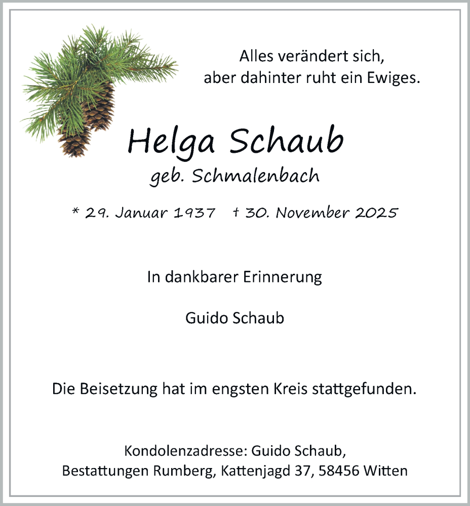  Traueranzeige für Helga Schaub vom 20.12.2025 aus Tageszeitung