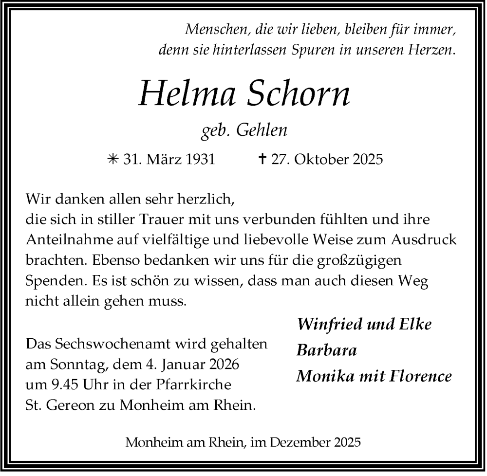  Traueranzeige für Helma Schorn vom 20.12.2025 aus Tageszeitung