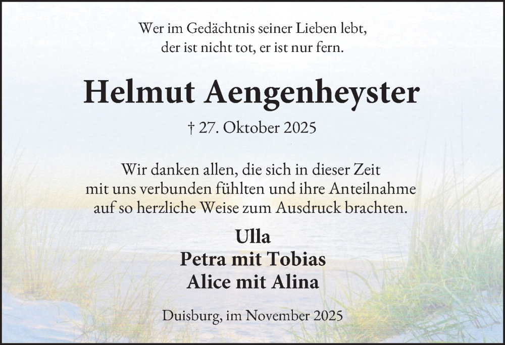  Traueranzeige für Helmut Aengenheyster vom 06.12.2025 aus Tageszeitung