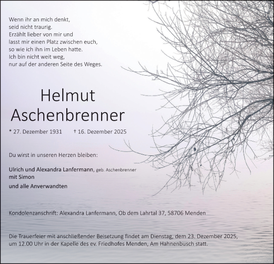 Traueranzeige von Helmut Aschenbrenner von Tageszeitung