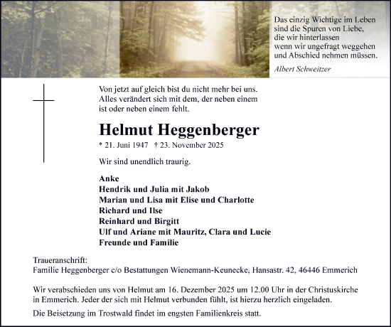 Traueranzeige von Helmut Heggenberger von Tageszeitung