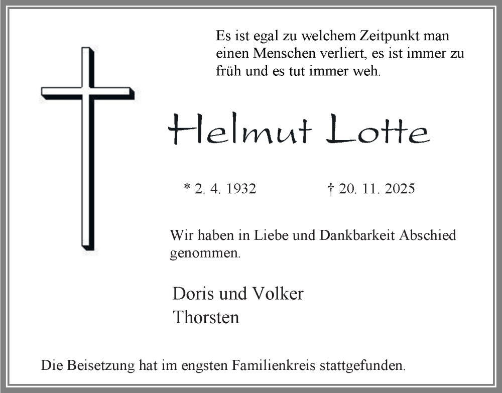  Traueranzeige für Helmut Lotte vom 13.12.2025 aus Tageszeitung