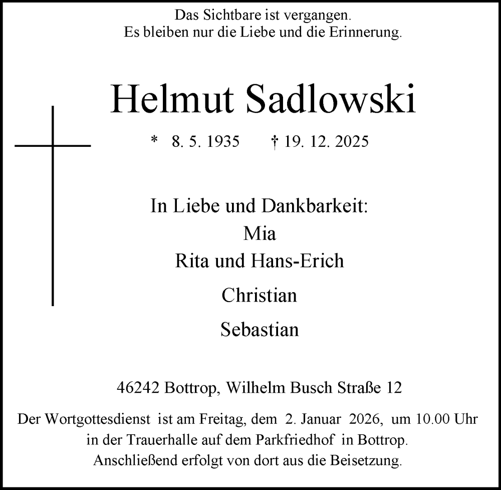  Traueranzeige für Helmut Sadlowski vom 31.12.2025 aus Tageszeitung