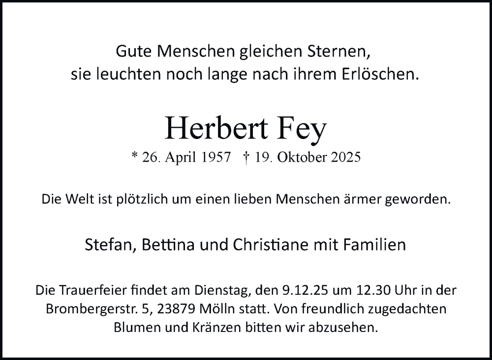  Traueranzeige für Herbert Fey vom 06.12.2025 aus Tageszeitung