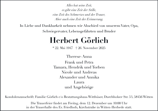 Traueranzeige von Herbert Görlich von Tageszeitung