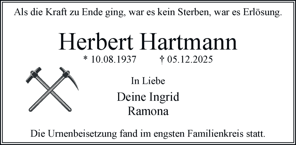  Traueranzeige für Herbert Hartmann vom 27.12.2025 aus Tageszeitung