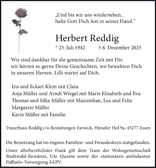Traueranzeige von Herbert Reddig von Tageszeitung