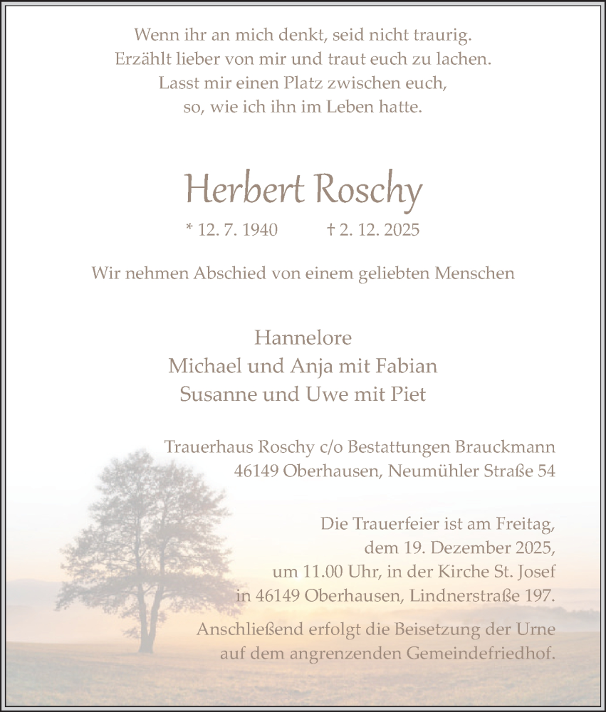  Traueranzeige für Herbert Roschy vom 16.12.2025 aus Tageszeitung
