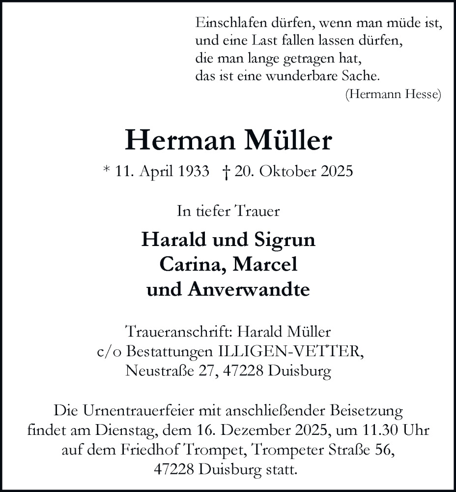  Traueranzeige für Herman Müller vom 13.12.2025 aus Tageszeitung