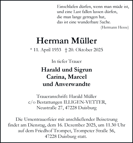 Traueranzeige von Herman Müller von Tageszeitung