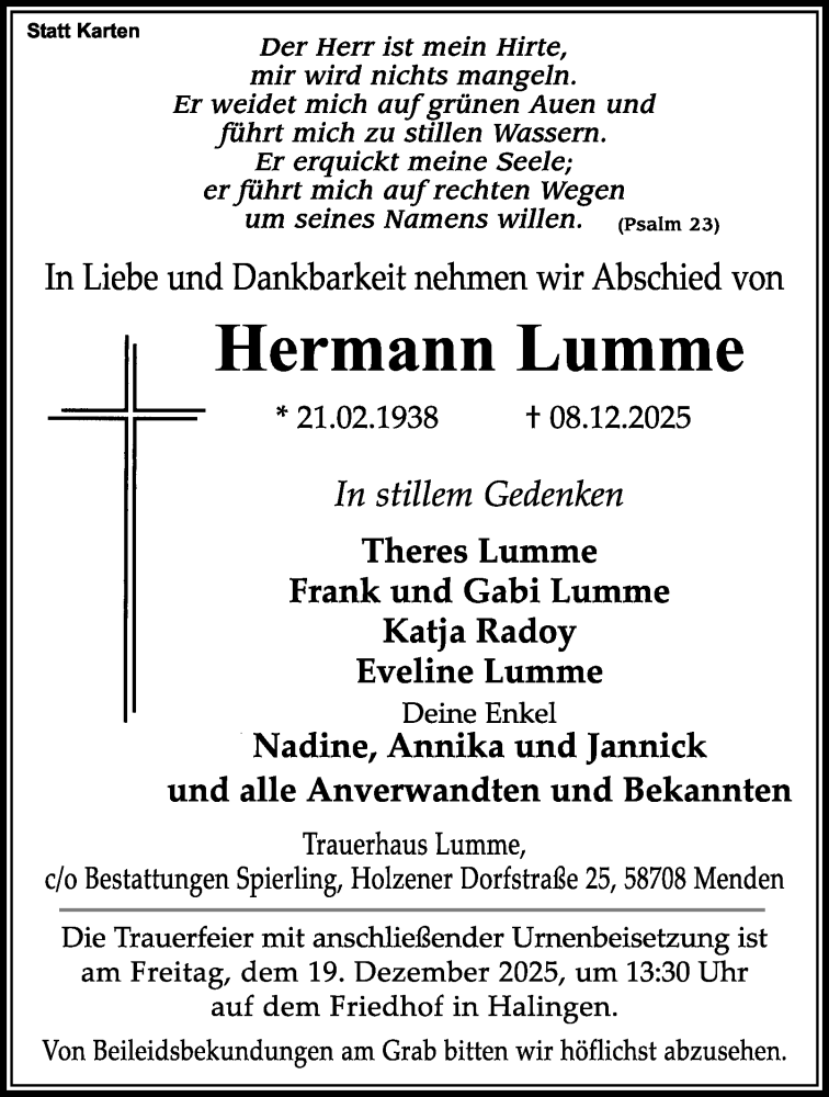  Traueranzeige für Hermann Lumme vom 13.12.2025 aus Tageszeitung