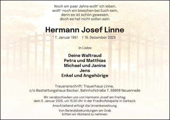 Traueranzeige von Hermann Josef Linne von Tageszeitung