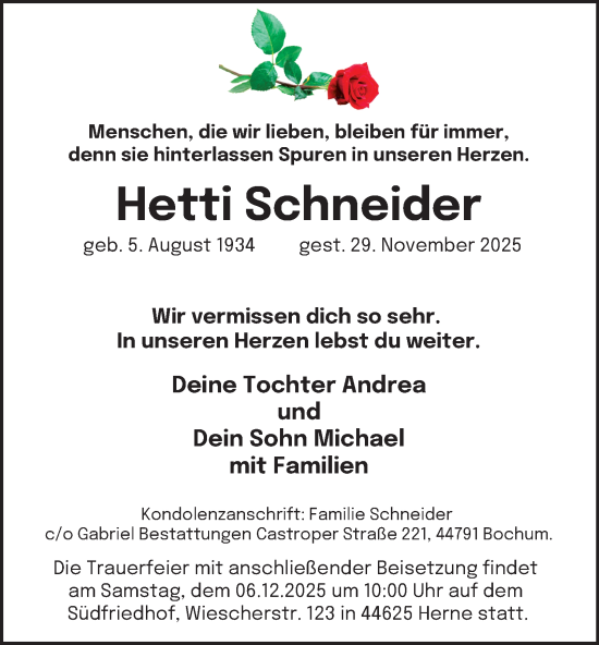 Traueranzeige von Hetti Schneider von Tageszeitung