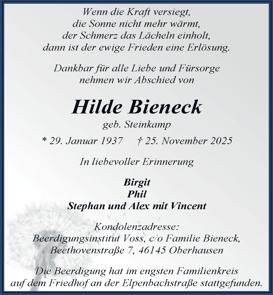  Traueranzeige für Hilde Bieneck vom 06.12.2025 aus Tageszeitung