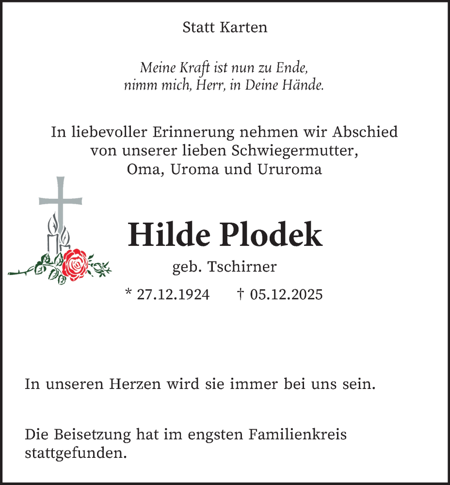  Traueranzeige für Hilde Plodek vom 20.12.2025 aus Tageszeitung