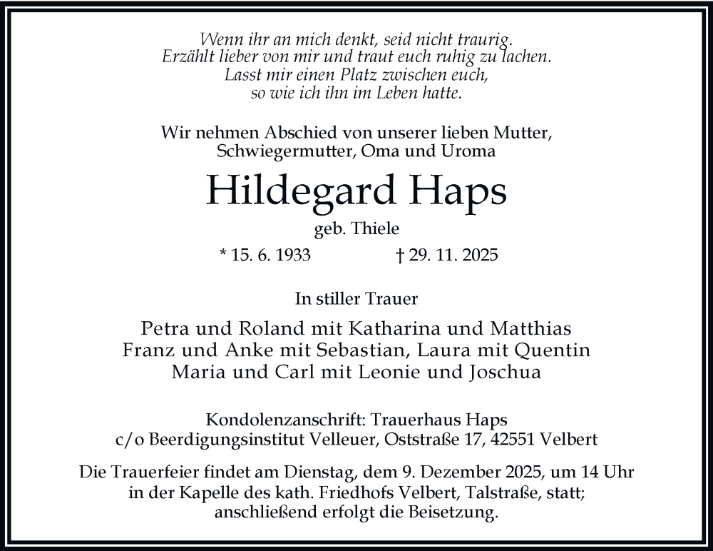  Traueranzeige für Hildegard Haps vom 06.12.2025 aus Tageszeitung