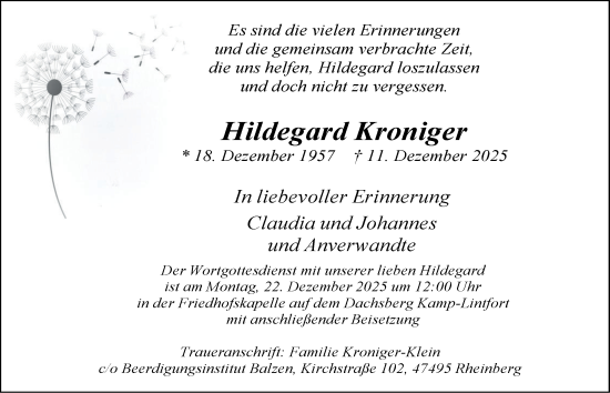 Traueranzeige von Hildegard Kroniger von Tageszeitung
