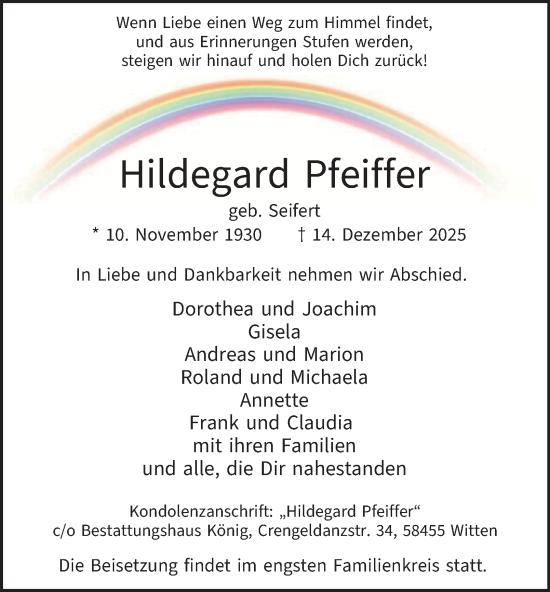 Traueranzeige von Hildegard Pfeiffer von Tageszeitung