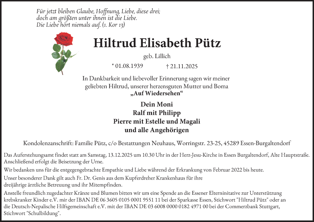  Traueranzeige für Hiltrud Elisabeth Pütz vom 06.12.2025 aus Tageszeitung