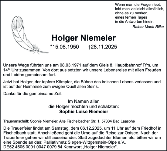 Traueranzeige von Holger Niemeier von Tageszeitung