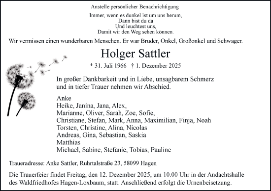 Traueranzeige von Holger Sattler von Tageszeitung