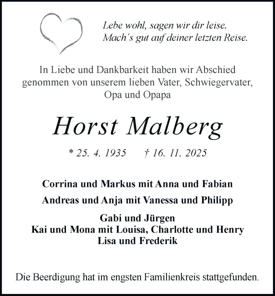 Traueranzeige von Horst Malberg von Tageszeitung