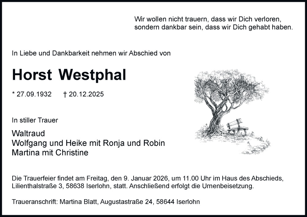  Traueranzeige für Horst Westphal vom 27.12.2025 aus Tageszeitung