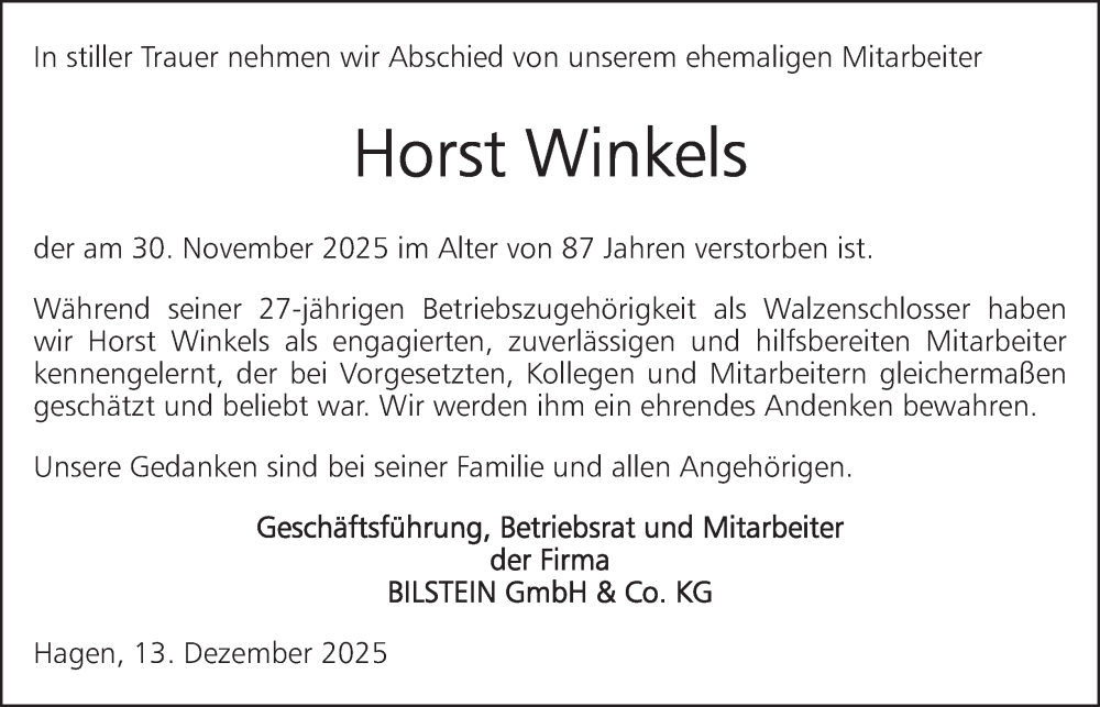  Traueranzeige für Horst Winkels vom 13.12.2025 aus Tageszeitung