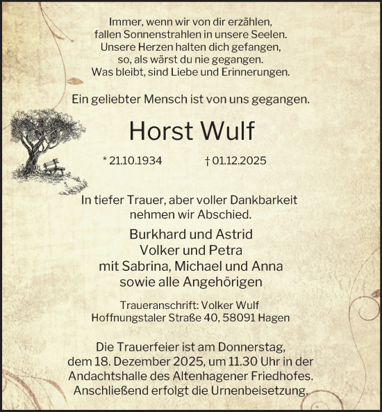 Traueranzeige von Horst Wulf von Tageszeitung