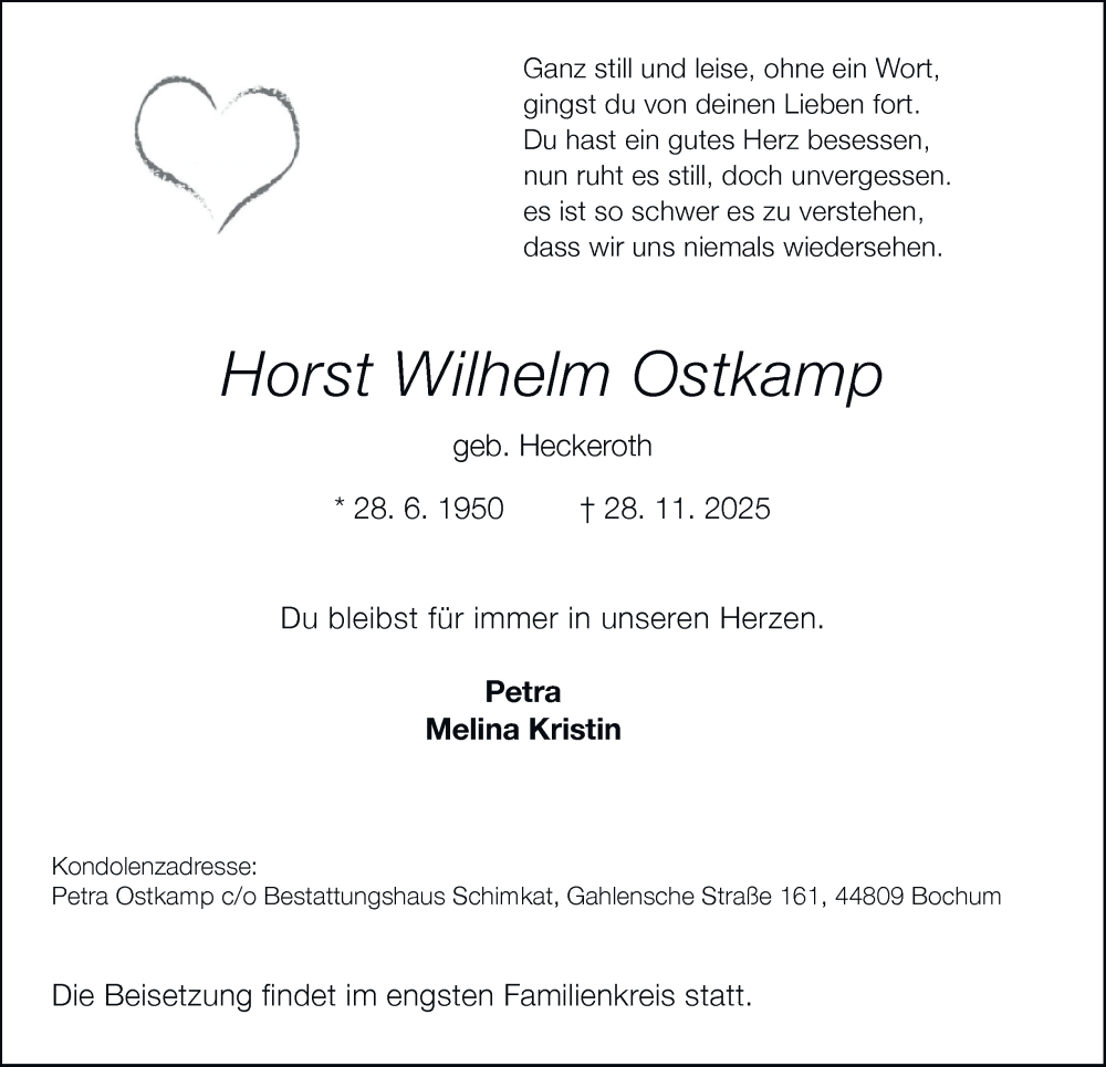  Traueranzeige für Horst Wilhelm Ostkamp vom 06.12.2025 aus Tageszeitung