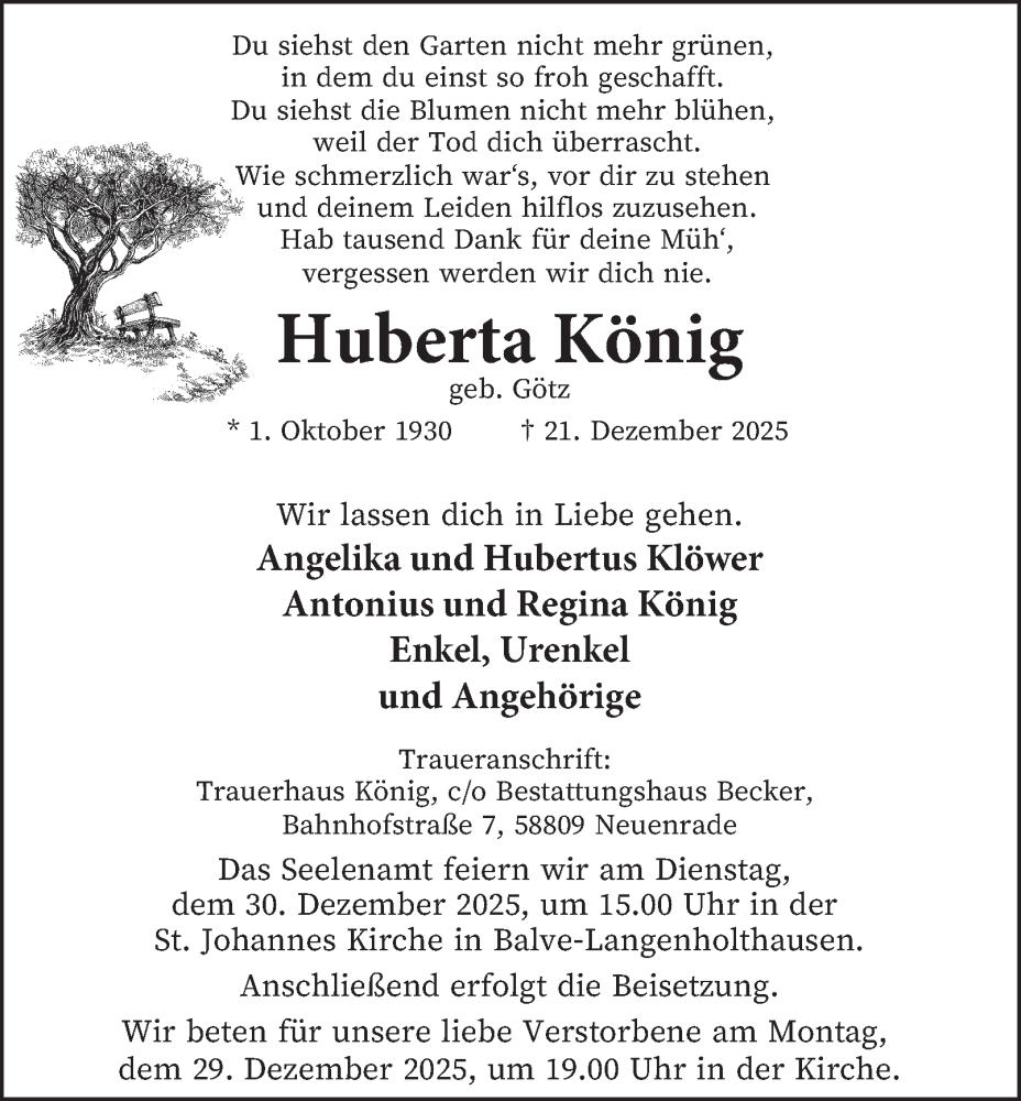  Traueranzeige für Huberta König vom 27.12.2025 aus Tageszeitung