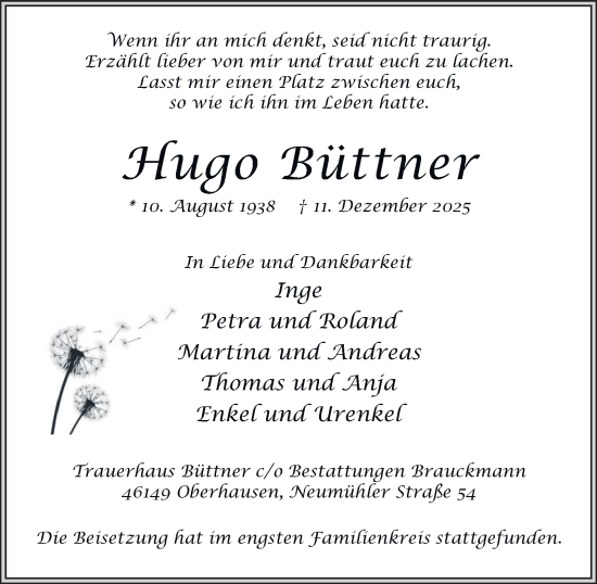 Traueranzeige von Hugo Büttner von Tageszeitung