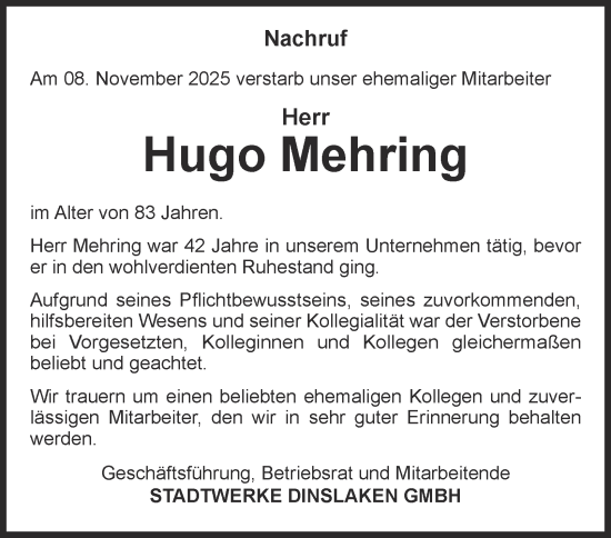 Traueranzeige von Hugo Mehring von Tageszeitung