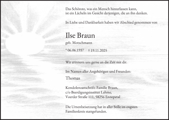 Traueranzeige von Ilse Braun von Tageszeitung