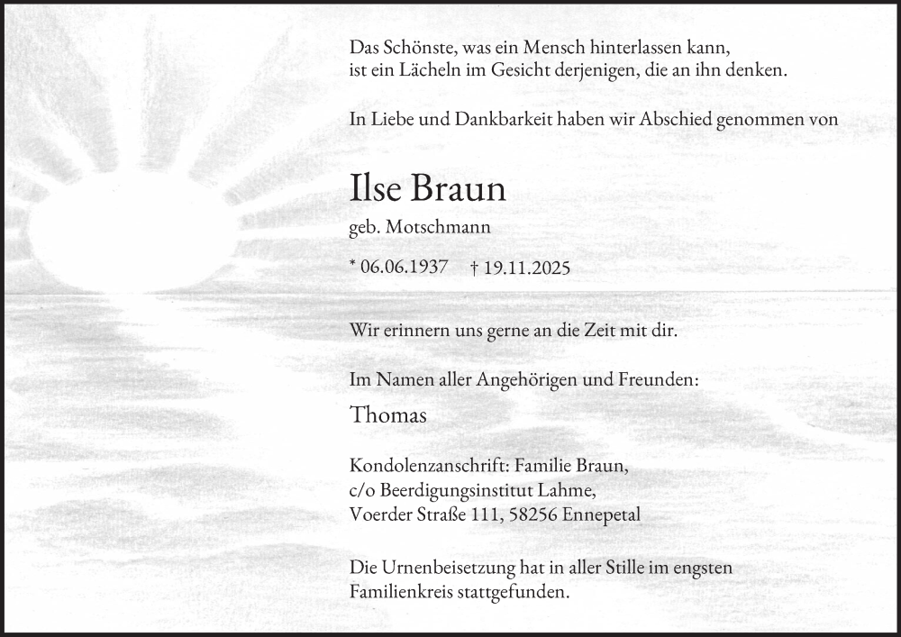  Traueranzeige für Ilse Braun vom 13.12.2025 aus Tageszeitung