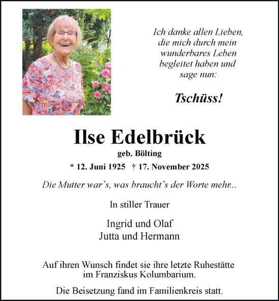 Traueranzeige von Ilse Edelbrück von Tageszeitung