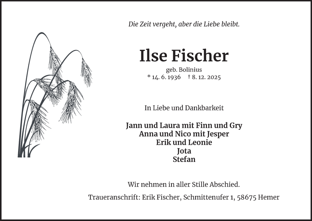  Traueranzeige für Ilse Fischer vom 20.12.2025 aus Tageszeitung