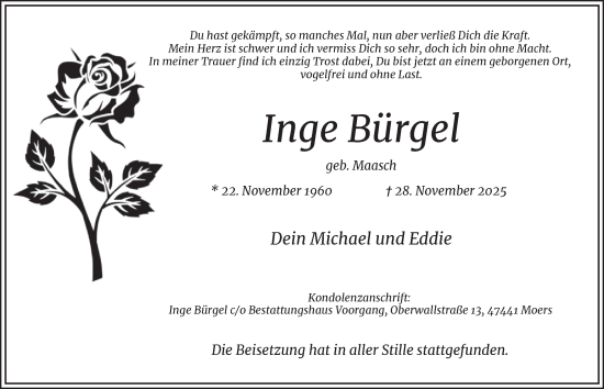 Traueranzeige von Inge Bürgel von Tageszeitung